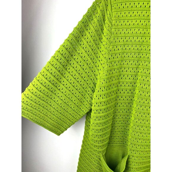 Chico's Cardigan 2 US Large 3/4 Sleeve Lime Green Open Crochet Hook Eye Sweater - Picture 3 of 6